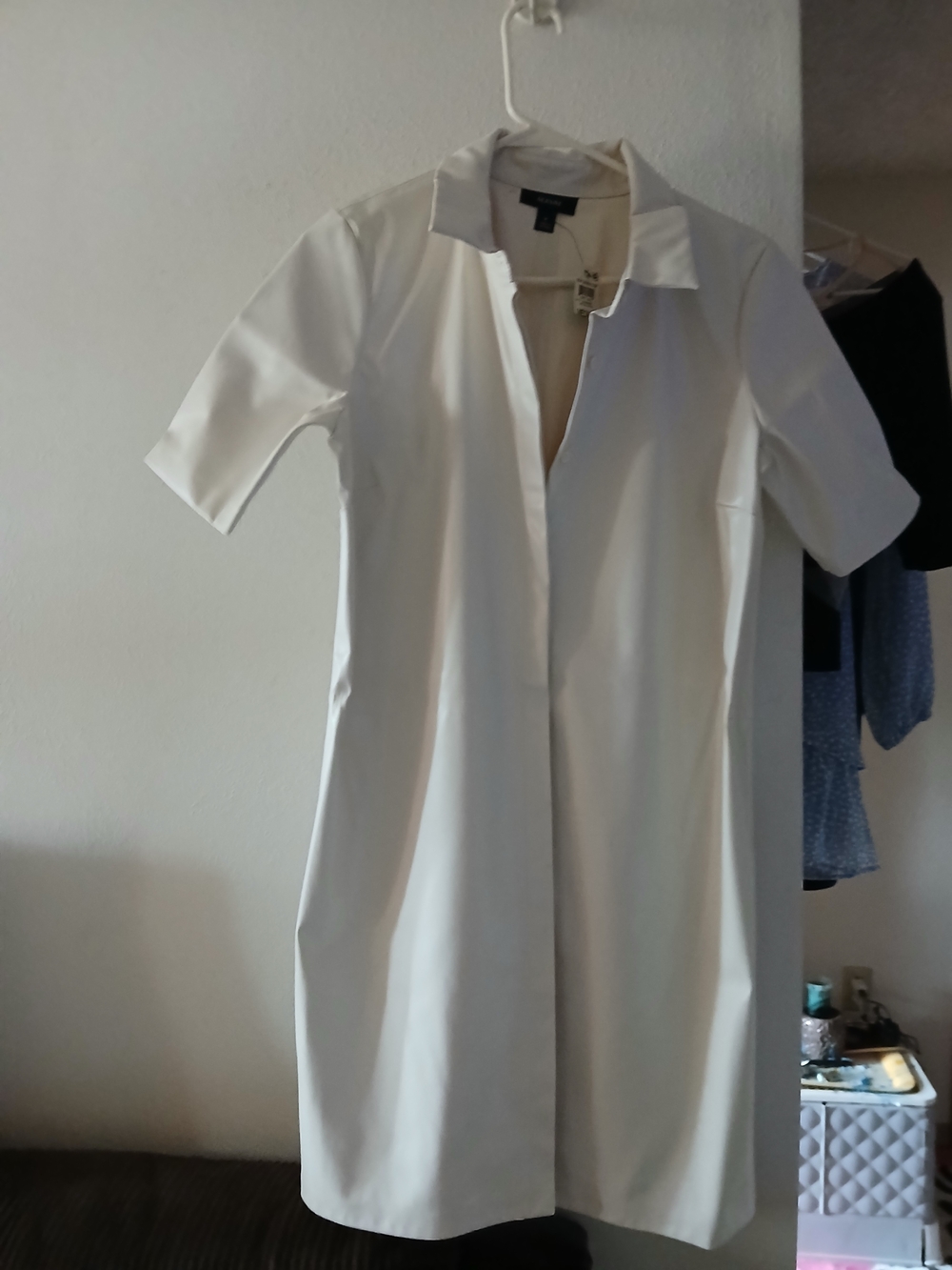 Alfani Off-White Collared Faux Leather Minimalist Shirtdress